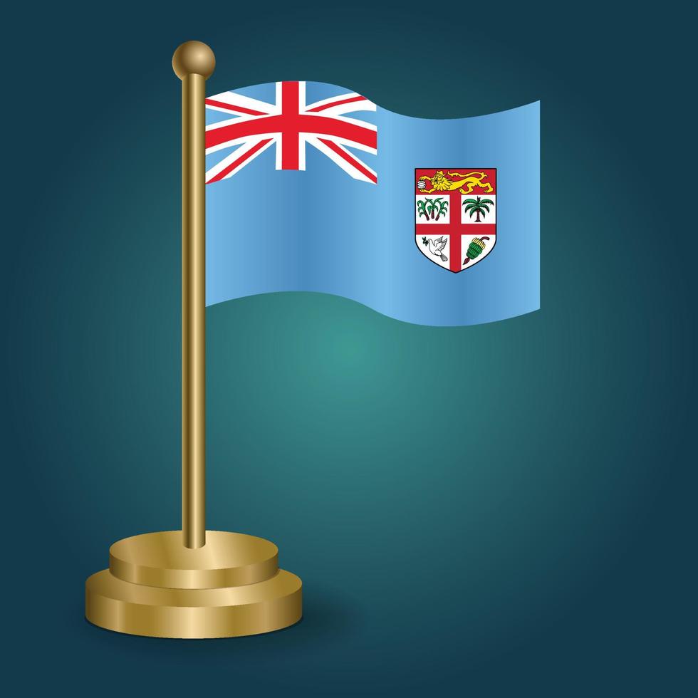 FIJI national flag on golden pole on gradation isolated dark background. table flag, vector illustration