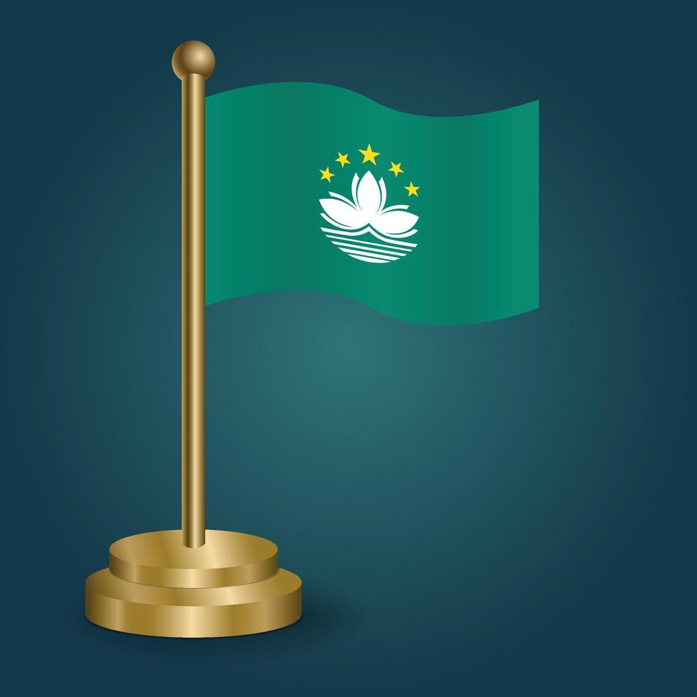 Macao national flag on golden pole on gradation isolated dark background. table flag, vector illustration