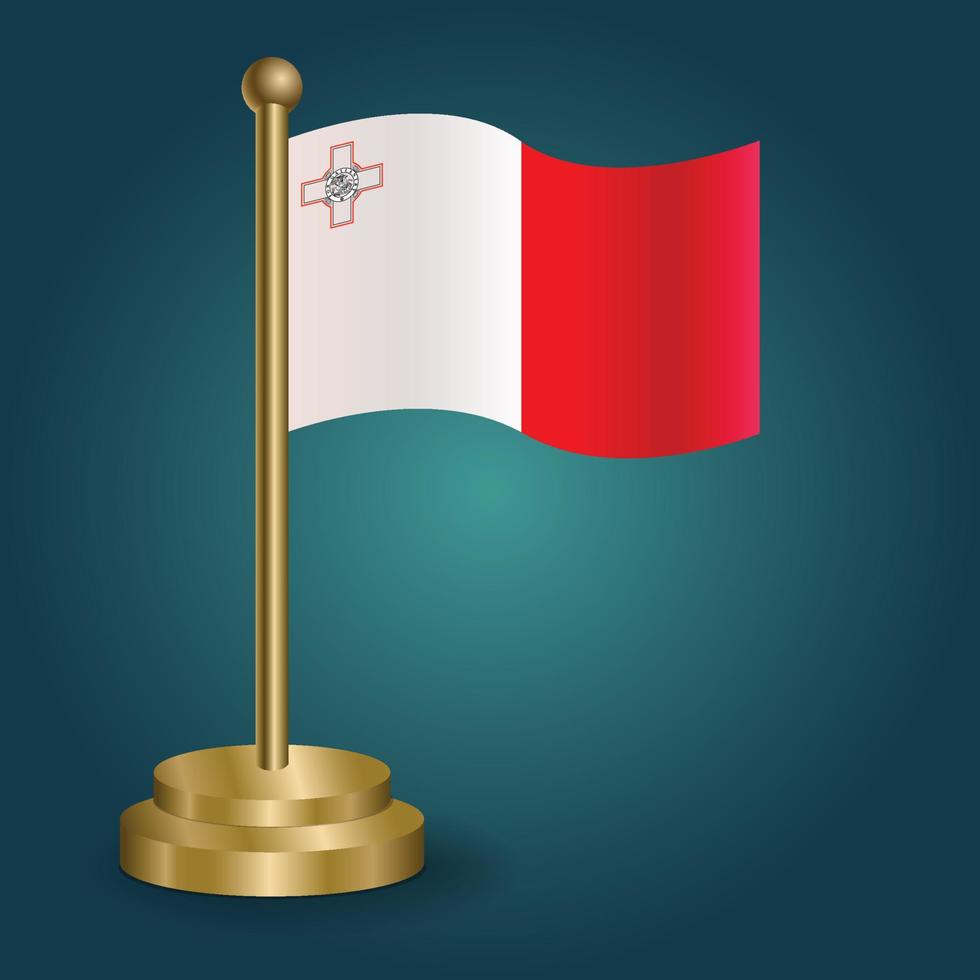 Malta national flag on golden pole on gradation isolated dark background. table flag, vector illustration