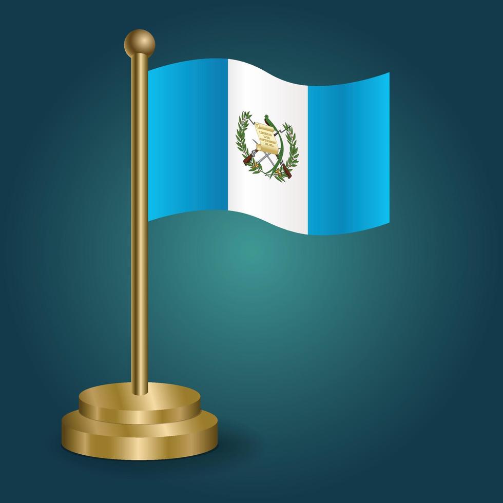 bandera nacional guatemala en poste dorado sobre fondo oscuro aislado de gradación. bandera de mesa, ilustración vectorial vector