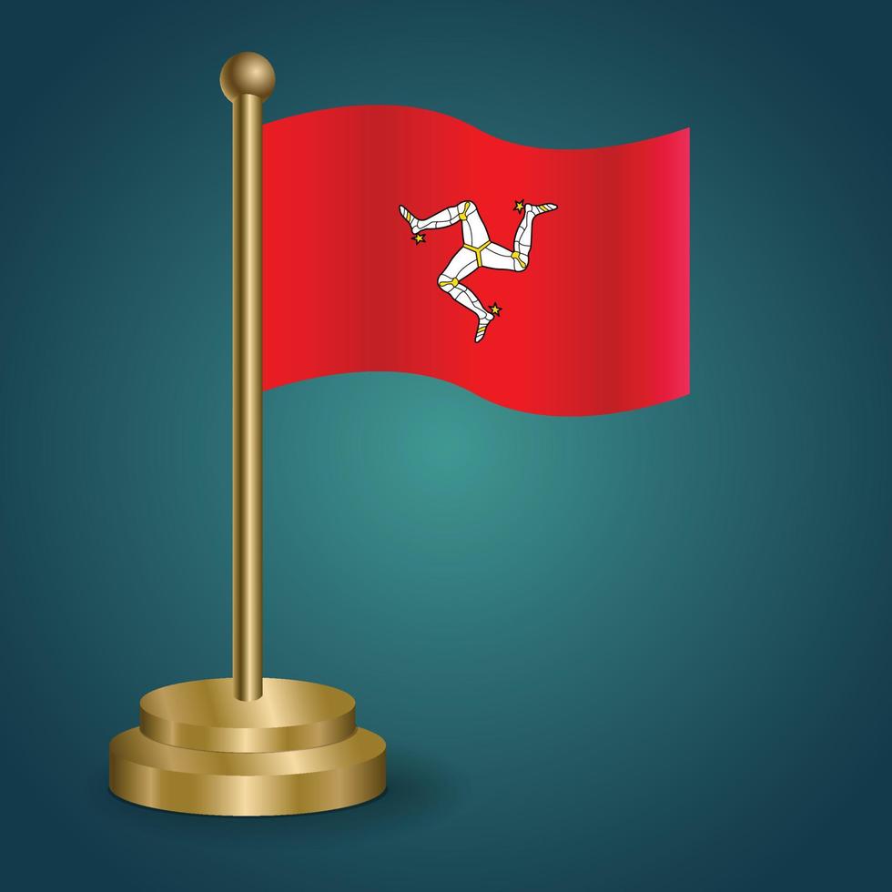 bandera nacional de la isla de man en el poste dorado sobre fondo oscuro aislado de gradación. bandera de mesa, ilustración vectorial vector