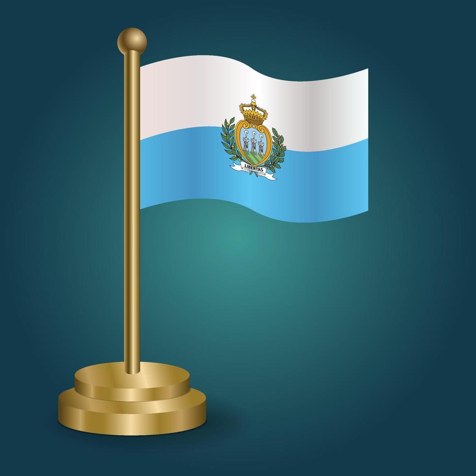 San Marino national flag on golden pole on gradation isolated dark background. table flag, vector illustration