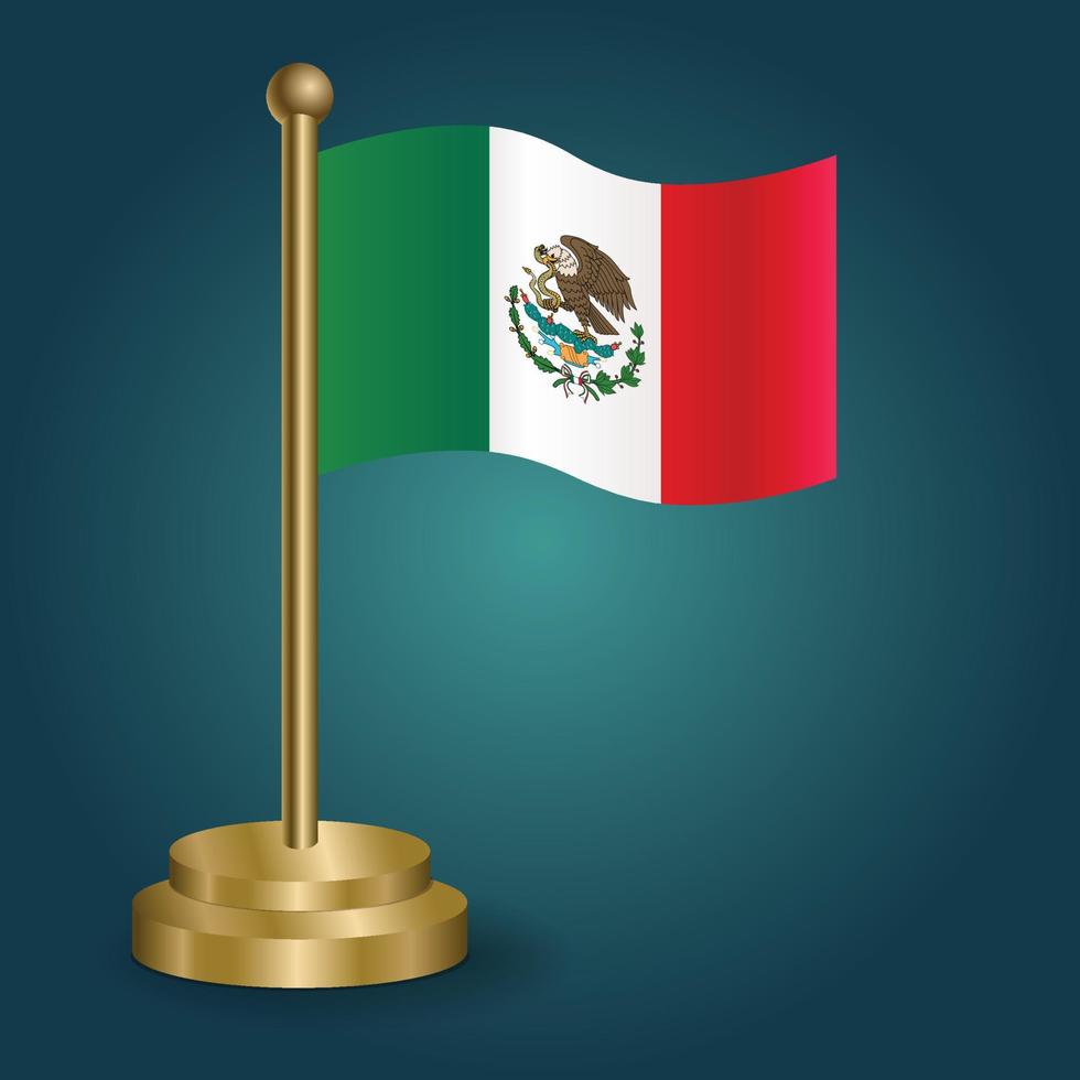 Mexico national flag on golden pole on gradation isolated dark background. table flag, vector illustration