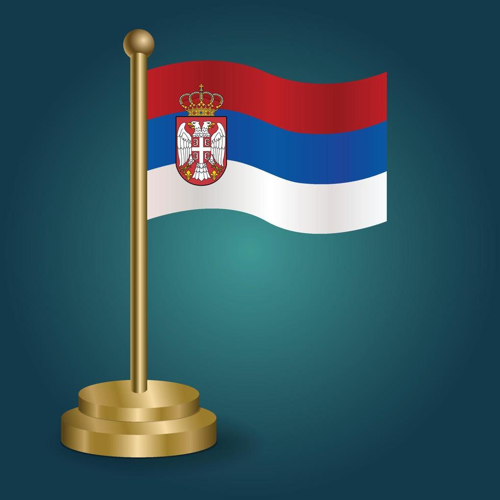 bandera nacional de serbia en el poste dorado sobre fondo oscuro aislado de gradación. bandera de mesa, ilustración vectorial vector