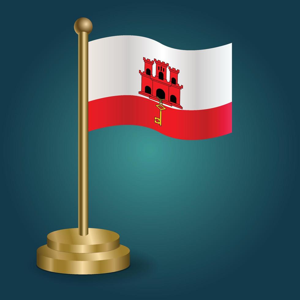 bandera nacional de gibraltar en el poste dorado sobre fondo oscuro aislado de gradación. bandera de mesa, ilustración vectorial vector