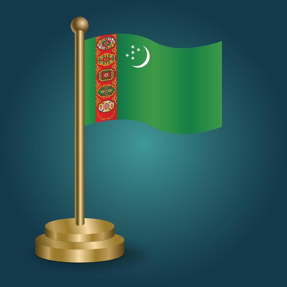 Turkmenistan national flag on golden pole on gradation isolated dark background. table flag, vector illustration