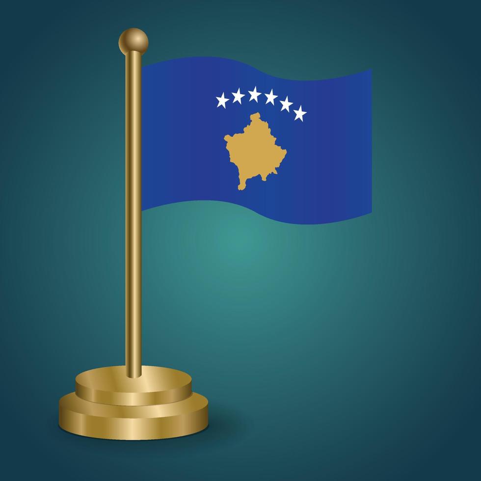 Kosovo national flag on golden pole on gradation isolated dark background. table flag, vector illustration