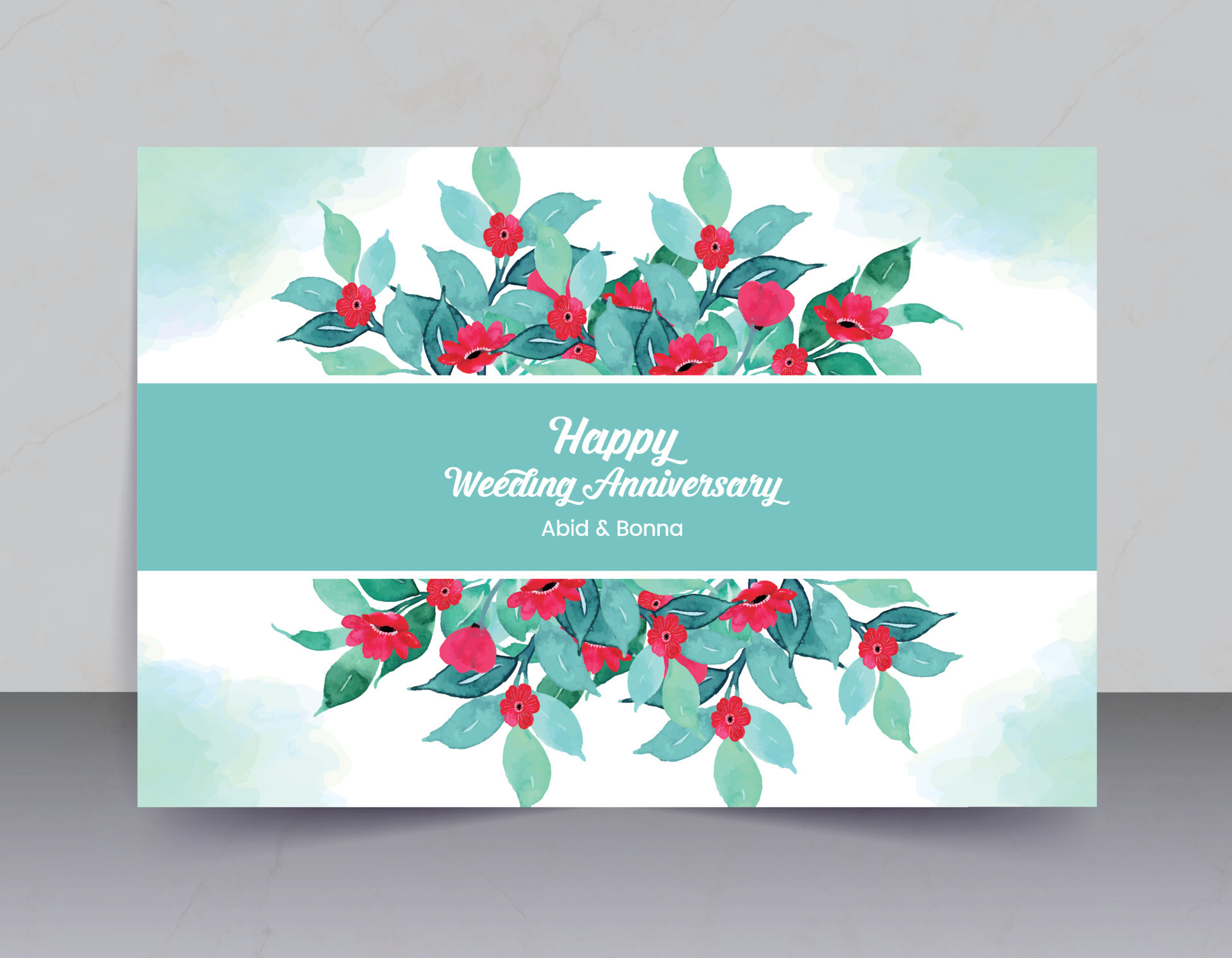 Watercolor background and light skyblue leaves with red flower wedding anniversary  card 12797586 Vector Art at Vecteezy