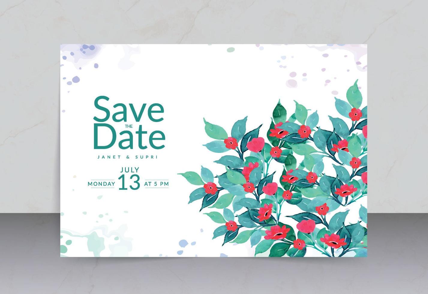 Light skyblue leaves with red flower and watercolor drop save the date card vector