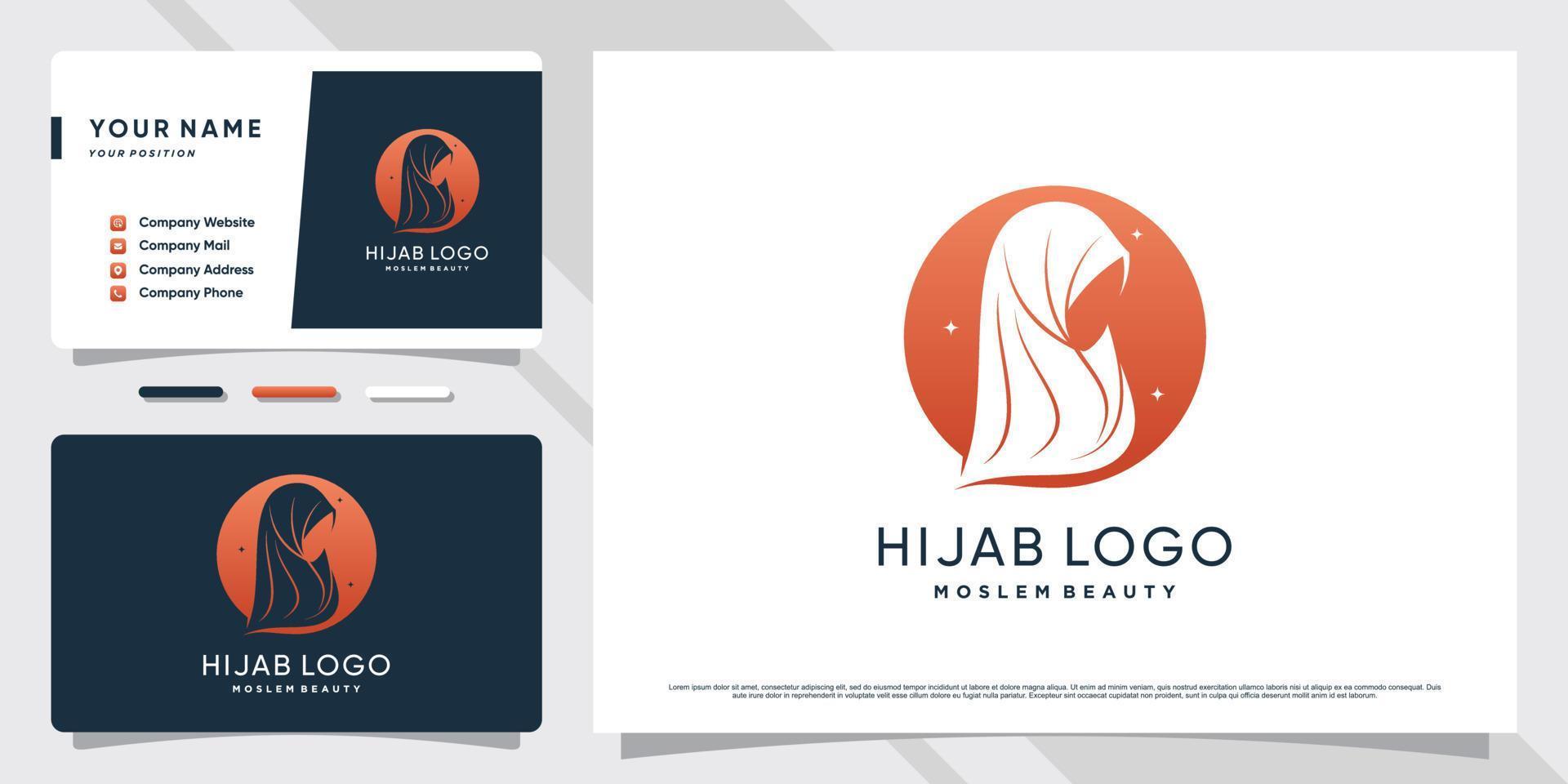 diseño de logotipo hijab para mujeres musulmanas con concepto creativo y plantilla de tarjeta de visita vector