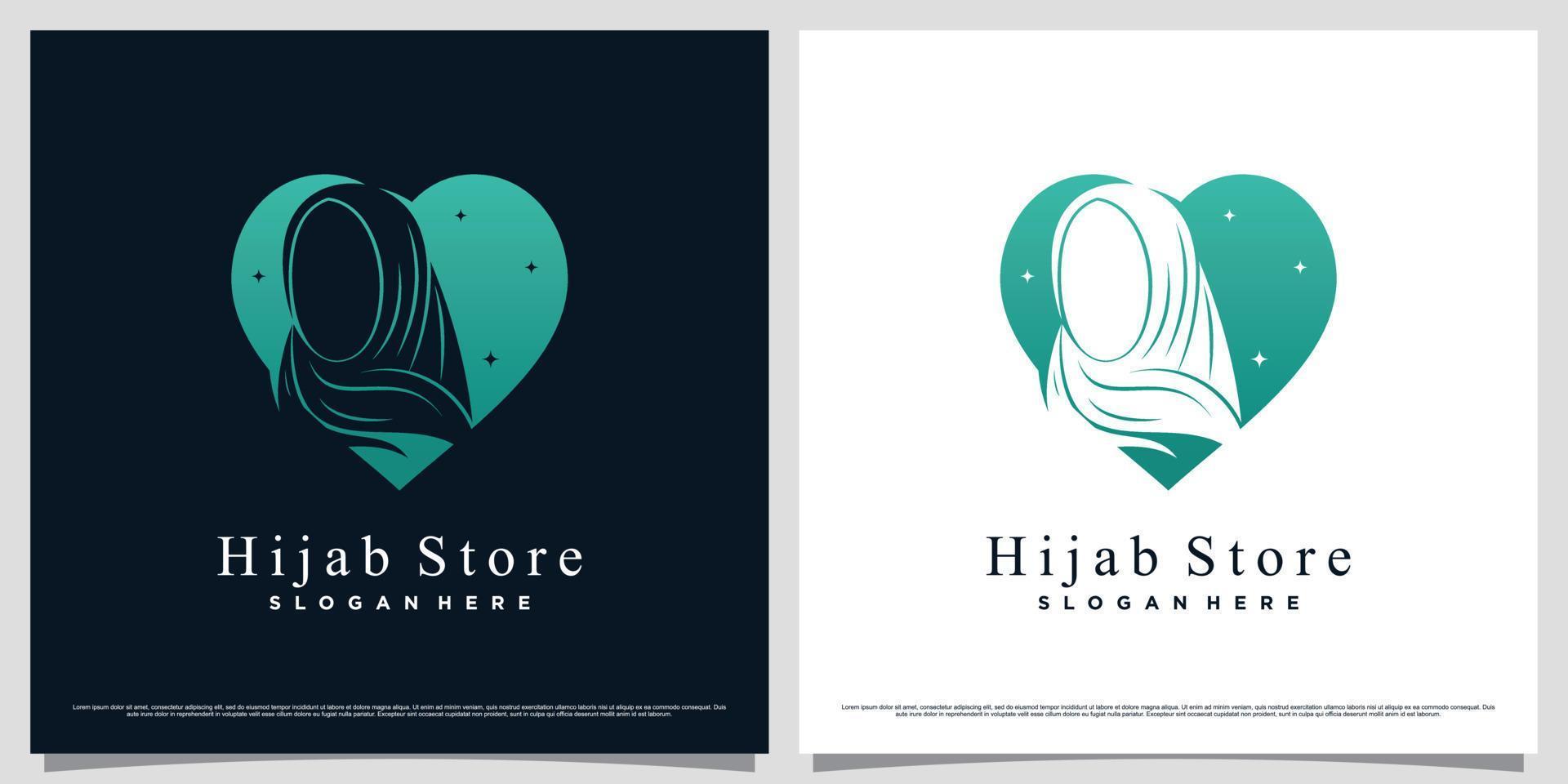 diseño de logotipo de mujer musulmana usando hijab con icono de amor y concepto de elemento creativo vector