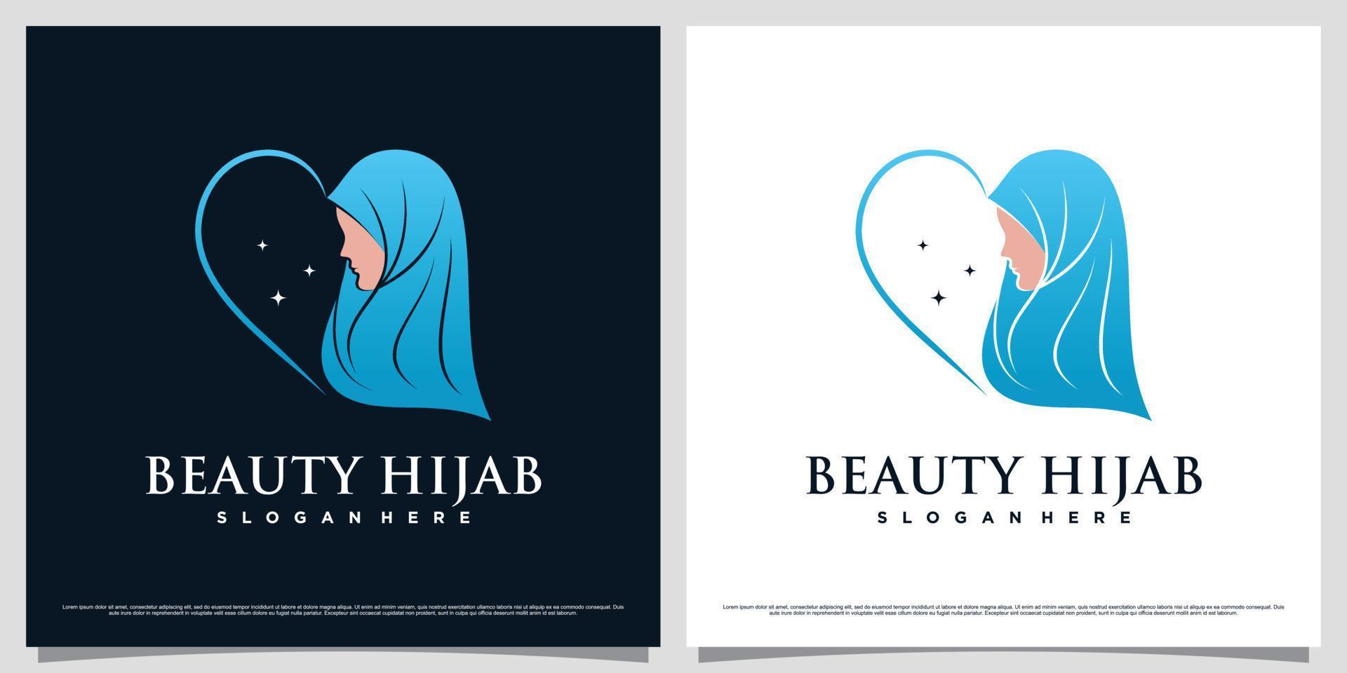 diseño del logotipo de las mujeres musulmanas con hiyab con icono de amor y concepto de elemento creativo vector