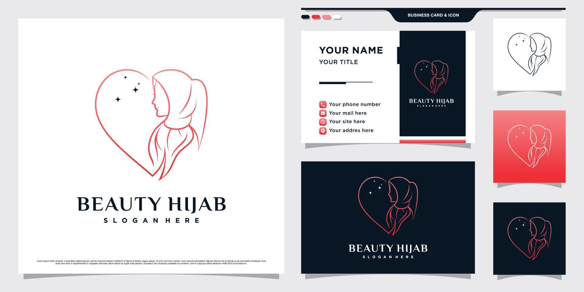 diseño de logotipo de mujer hijab con estilo de arte de línea y plantilla de tarjeta de visita vector