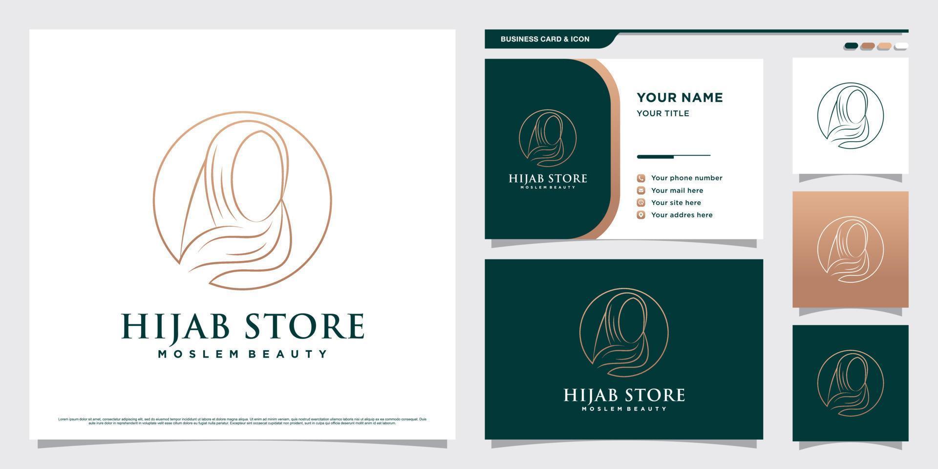 Hijab women logo design with line art style and business card template vector