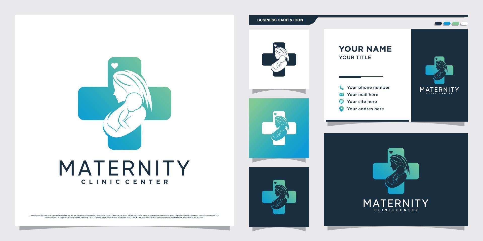 Maternity clinic logo design with mom holding baby concept and business card template vector