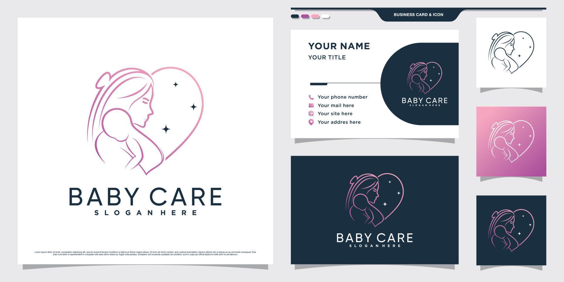 Baby care logo design illustration with heart shape concept and business card template vector