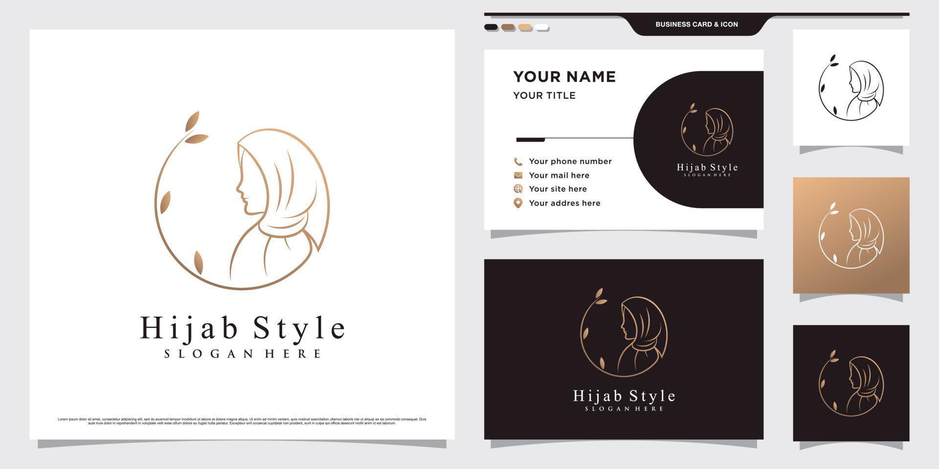 diseño de logotipo de mujer hijab con estilo de arte de línea y plantilla de tarjeta de visita vector