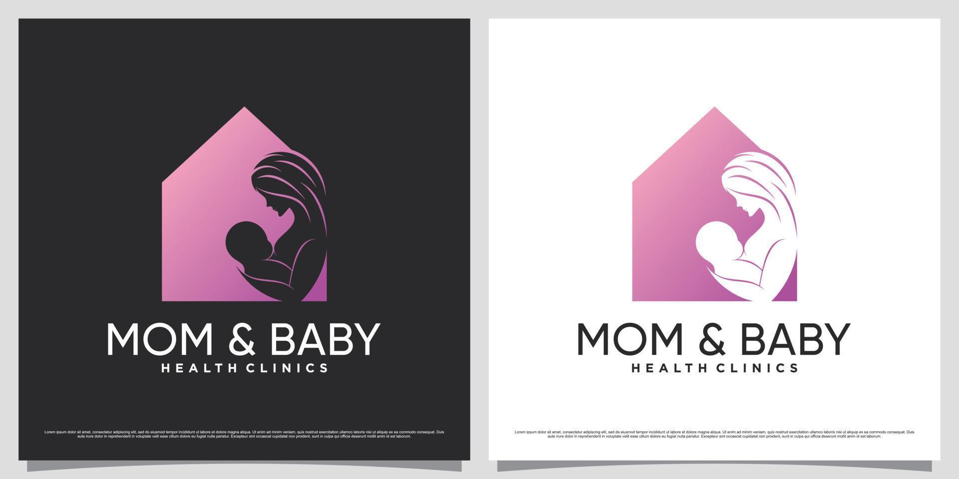 Mother and baby logo design for baby clinic with home icon and creative concept vector