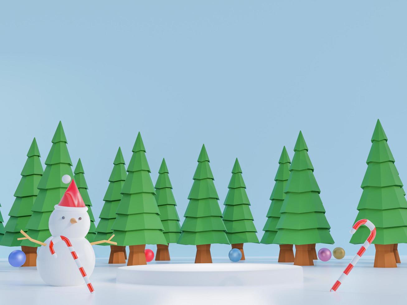 podio 3d con árbol, hombre de nieve chrismas foto