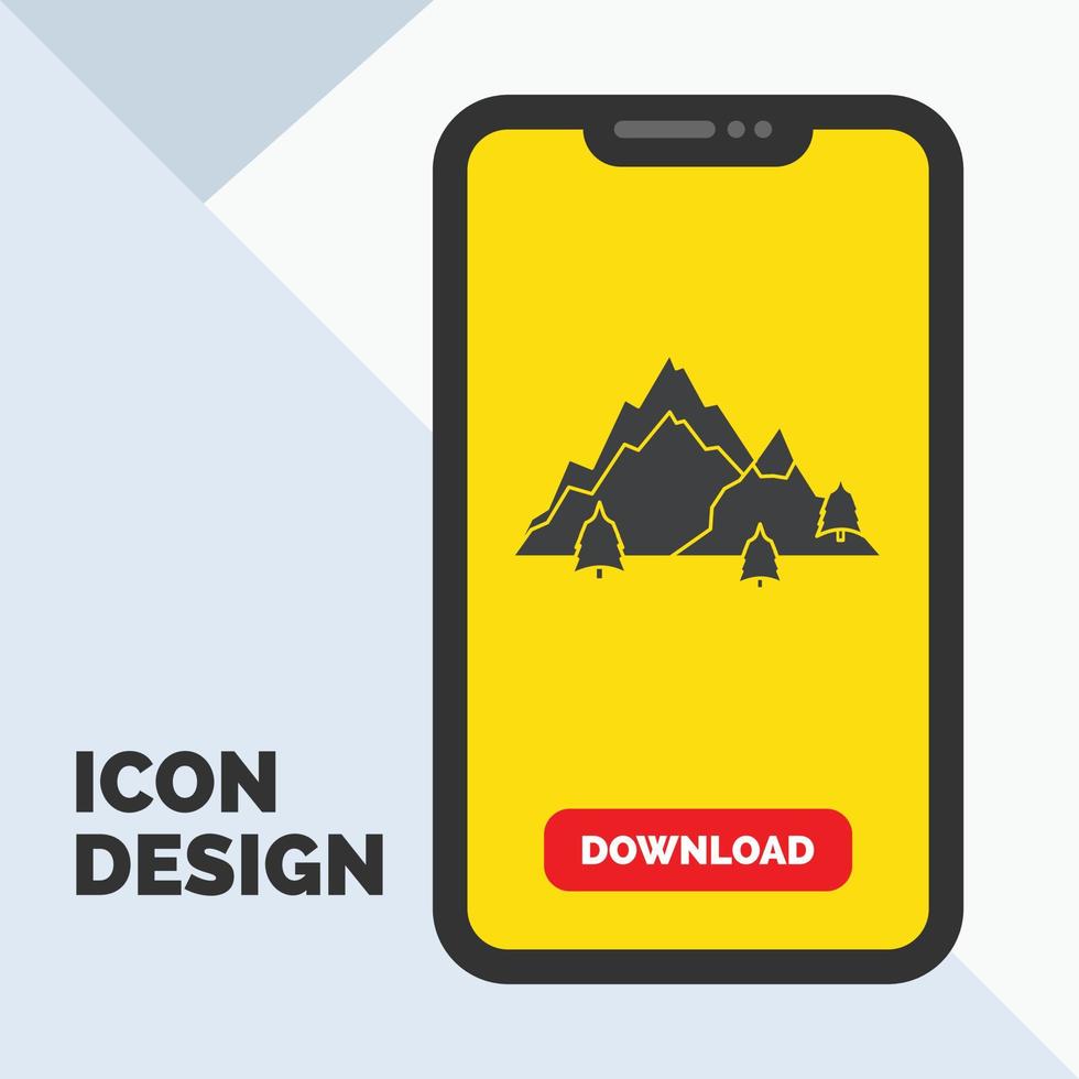 montaña. paisaje. Cerro. naturaleza. icono de glifo de árbol en el móvil para la página de descarga. fondo amarillo vector