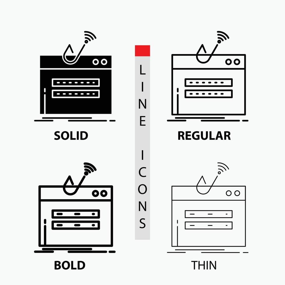 fraude, internet, inicio de sesión, contraseña, icono de robo en línea delgada, regular, en negrita y estilo glifo. ilustración vectorial vector