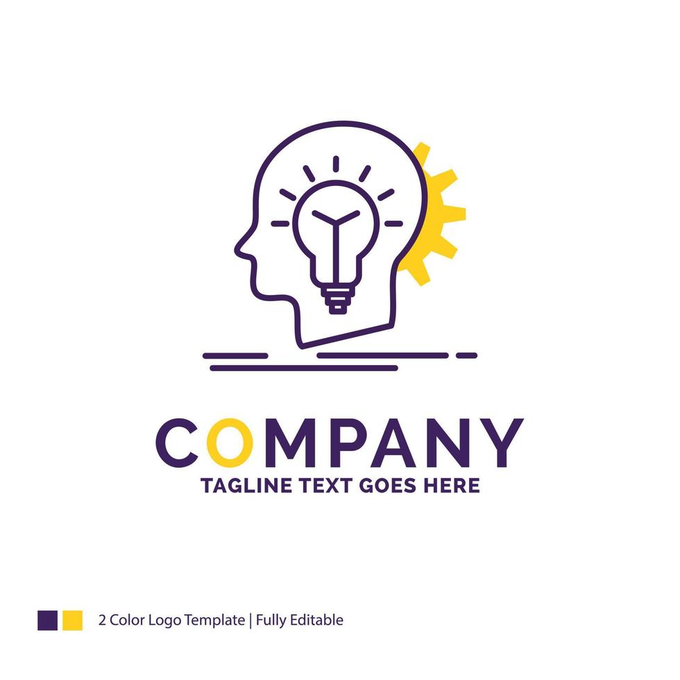 diseño del logotipo del nombre de la empresa para creativos. creatividad. cabeza. ocurrencia. pensando. diseño de marca púrpura y amarillo con lugar para eslogan. plantilla de logotipo creativo para pequeñas y grandes empresas. vector