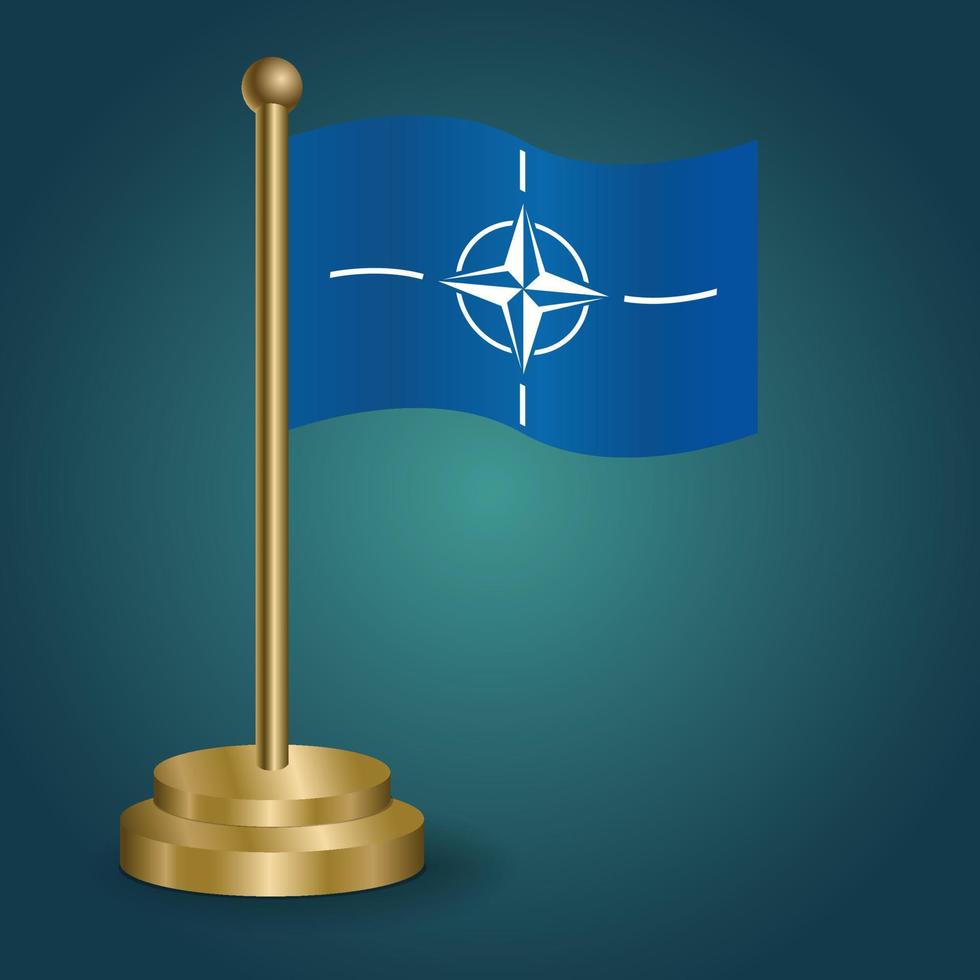 NATO national flag on golden pole on gradation isolated dark background. table flag, vector illustration