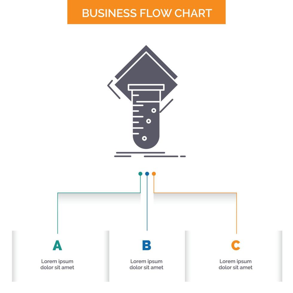 química, laboratorio, estudio, prueba, prueba de diseño de diagrama de flujo comercial con 3 pasos. icono de glifo para el lugar de plantilla de fondo de presentación para texto. vector