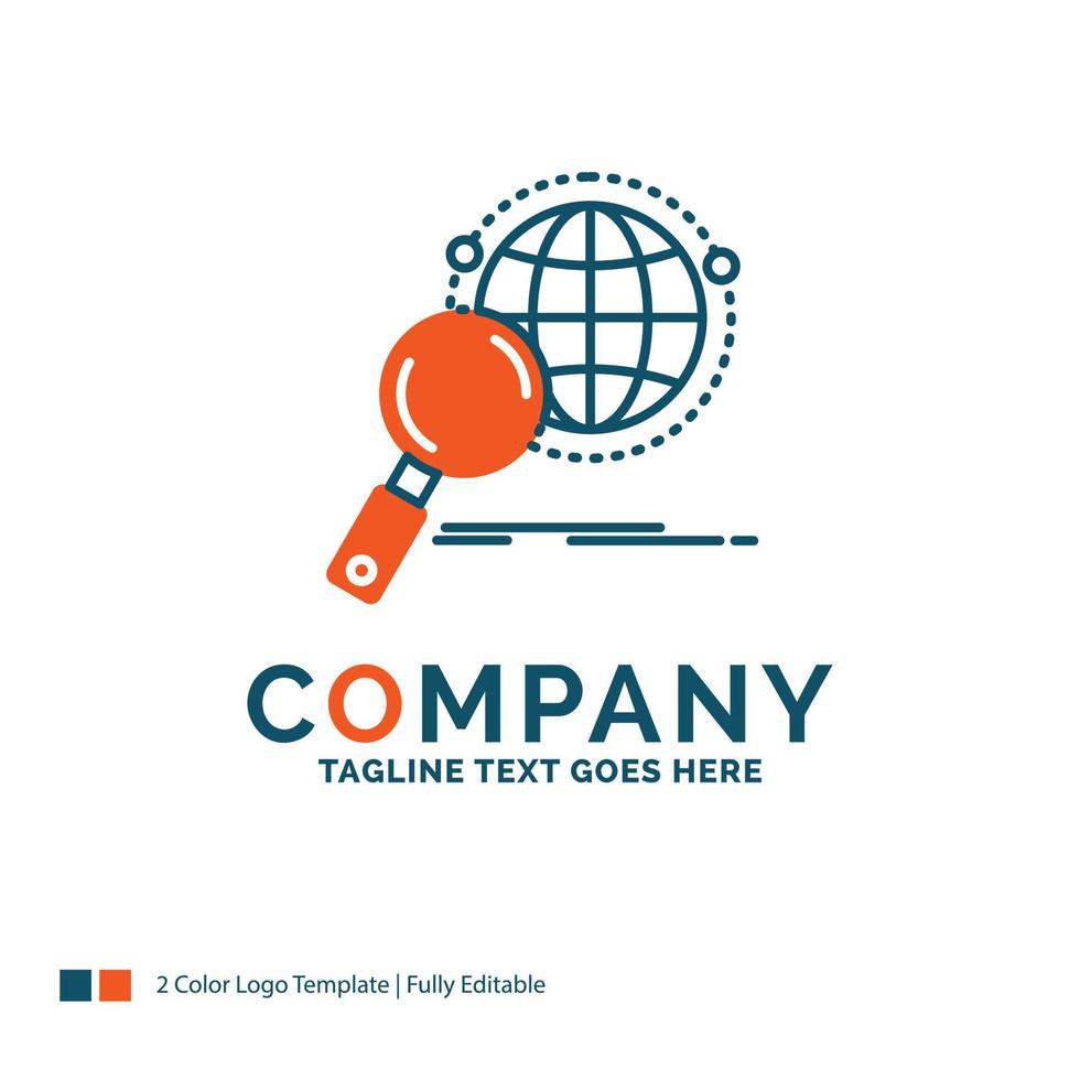 global. globe. magnifier. research. world Logo Design. Blue and Orange Brand Name Design. Place for Tagline. Business Logo template. vector