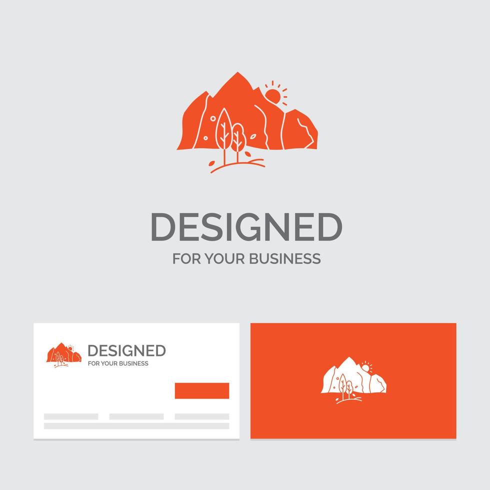 Business logo template for hill. landscape. nature. mountain. tree. Orange Visiting Cards with Brand logo template. vector
