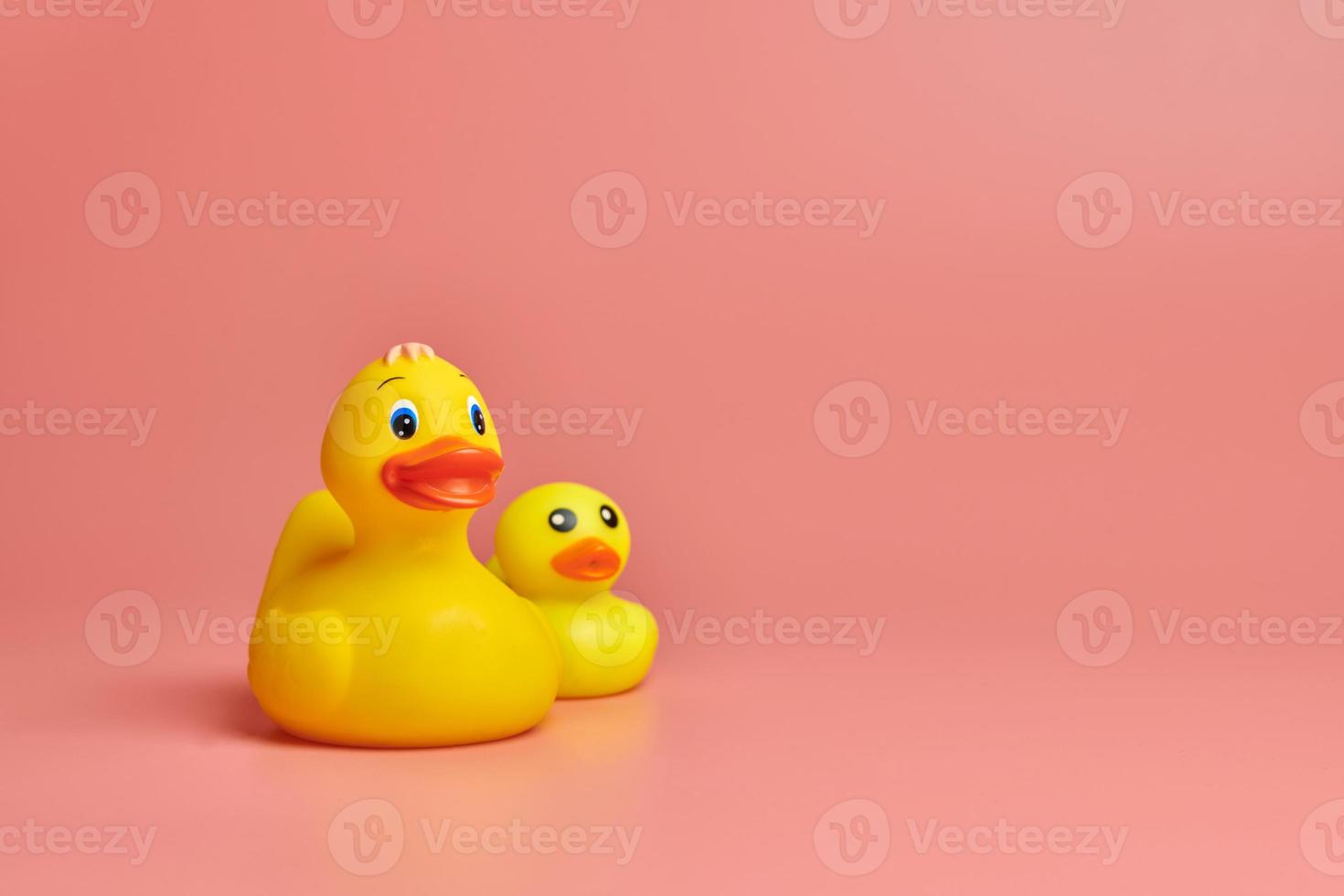 Two yellow rubber ducks toys, copy space. Cute funny bath toys, minimal kidult concept. Pink background. photo