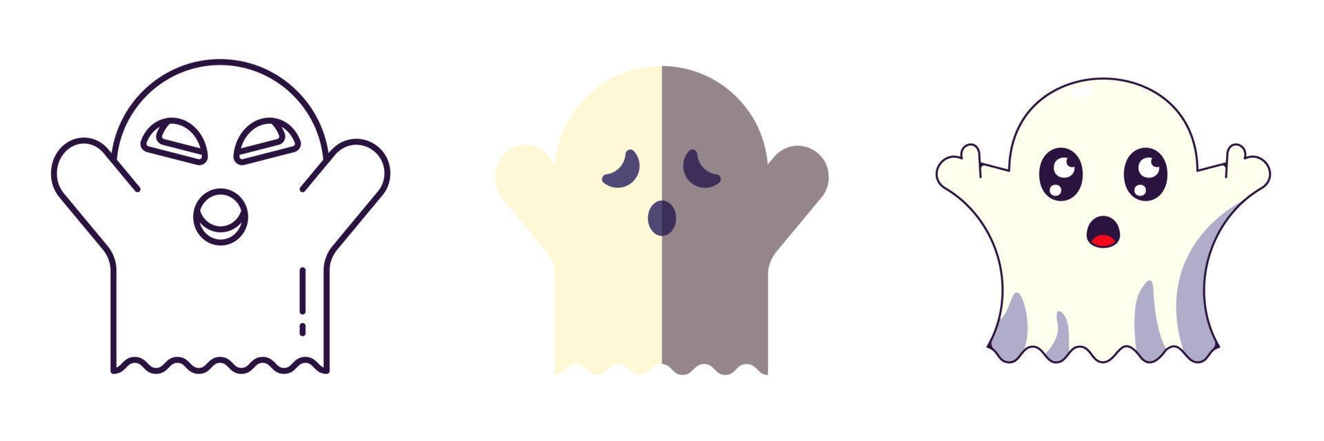 elementos de halloween el conjunto de iconos vectoriales de fantasma se dibuja en línea, plano y estilos de dibujos animados. perfecto para aplicaciones, libros, artículos, tiendas, tiendas, anuncios vector