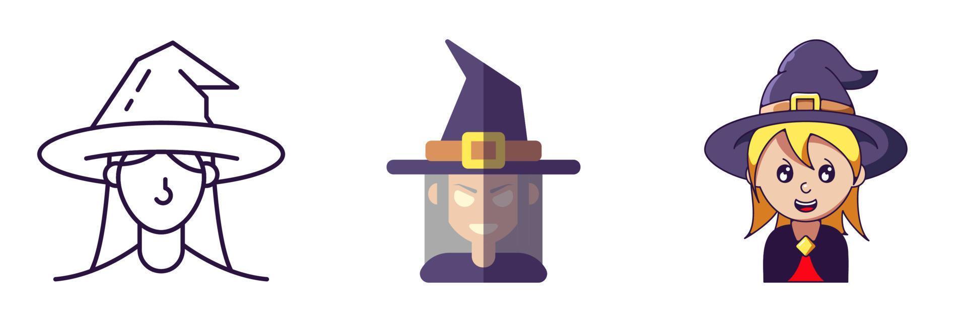 Halloween elements. Vector icon set of witch or female magician is drawn in line, flat and cartoon styles. Perfect for apps, books, articles, stores, shops, adverts