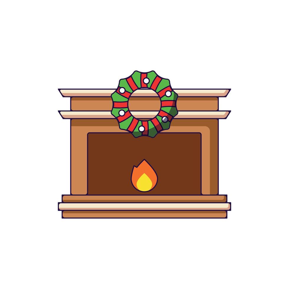 Christmas and New Year concept. Vibrant vector illustration of Christmas wreath over fireplace in cartoon style. Vivid image perfect for web sites, books, shops, stores