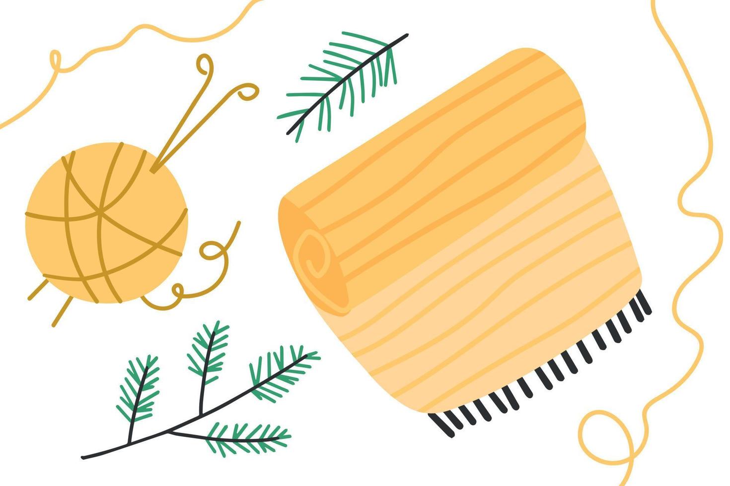 Vector hand drawn yellow yarn and blanket. Design greeting cards, posters, gift wrapping.