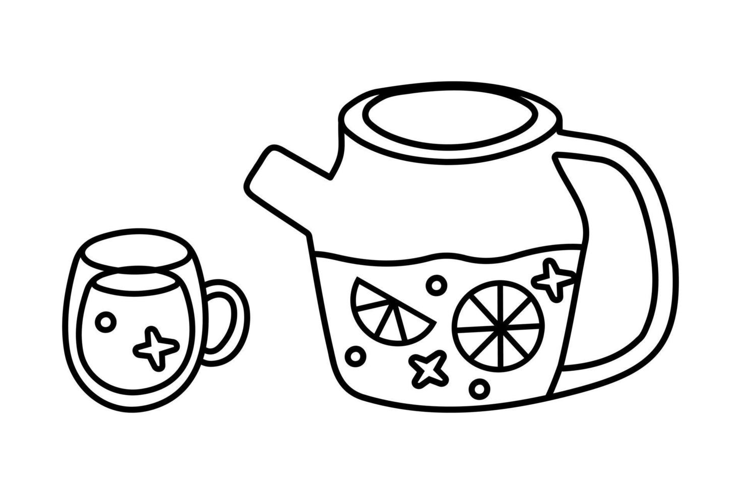 Doodle Glass Teapot and cup with tea isolated in white background. Tea with cloves, berries and lemon. vector