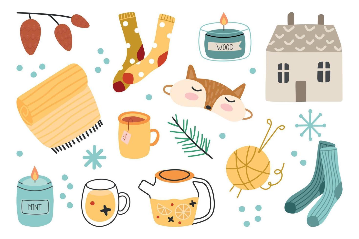 icono de esbozo de conjunto de hygge, pegatina, afiche, garabato vectorial dibujado a mano con tarjeta, escandinavo. hogar acogedor, tejer, calcetines, velas, tazas vector