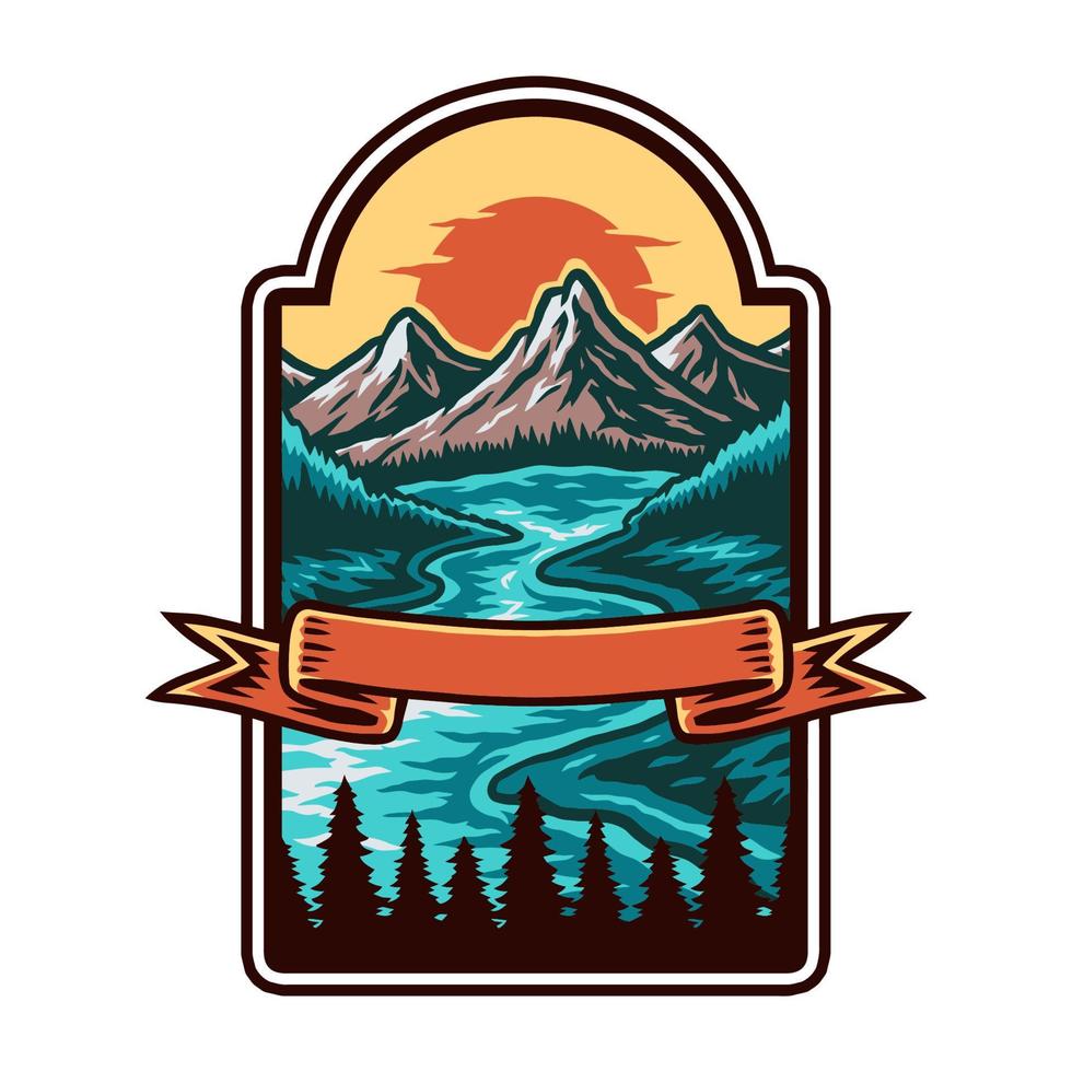 Mountain and lake landscape, hand drawn line with digital color, vector illustration