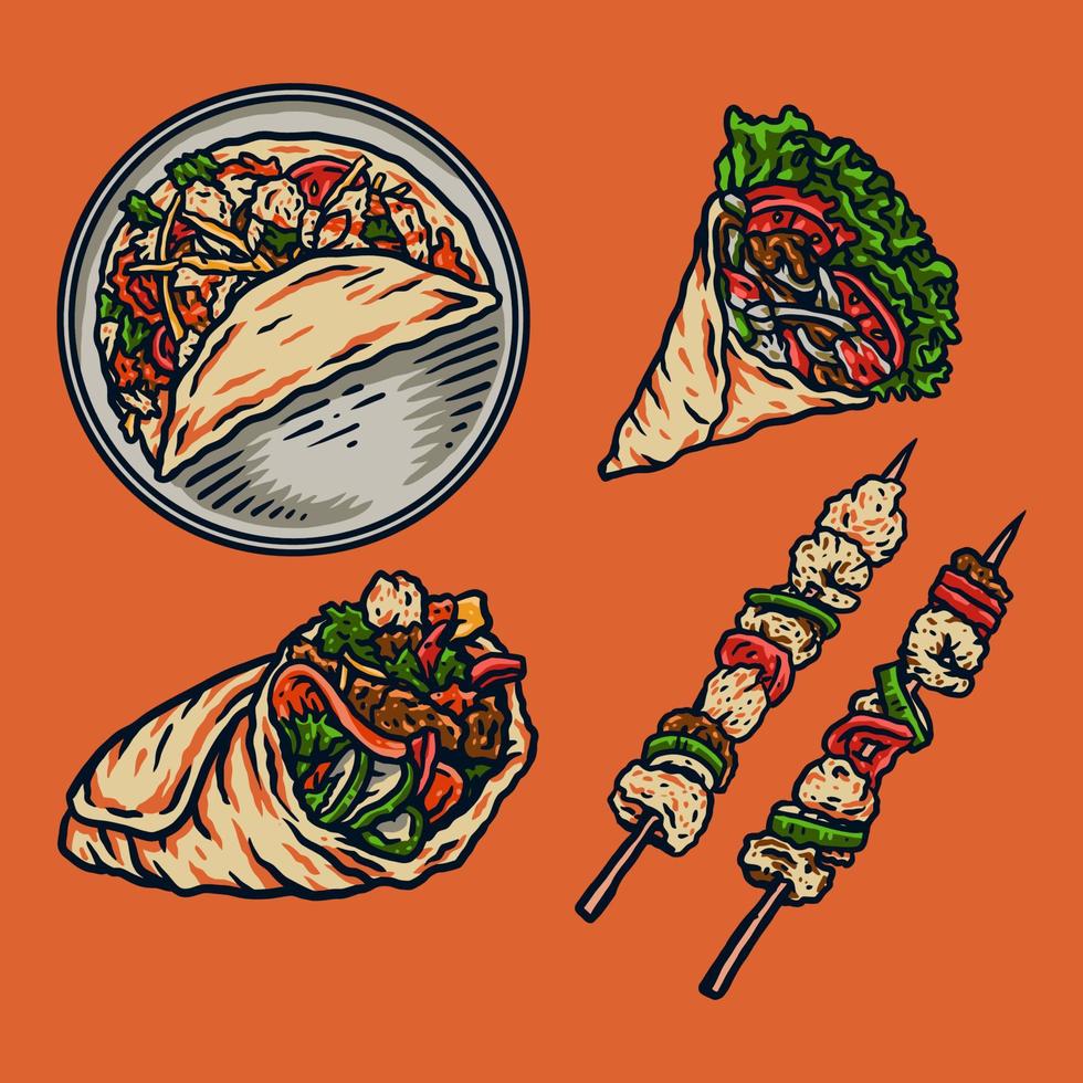 ilustración de kebab usando un estilo de dibujo a mano continuado con coloración digital, esta es una combinación de estilo de dibujo a mano y color digital vector