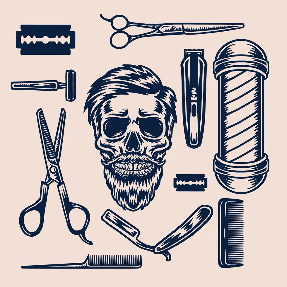 estilo de dibujo a mano con un corte de calavera y elementos de barbería vector