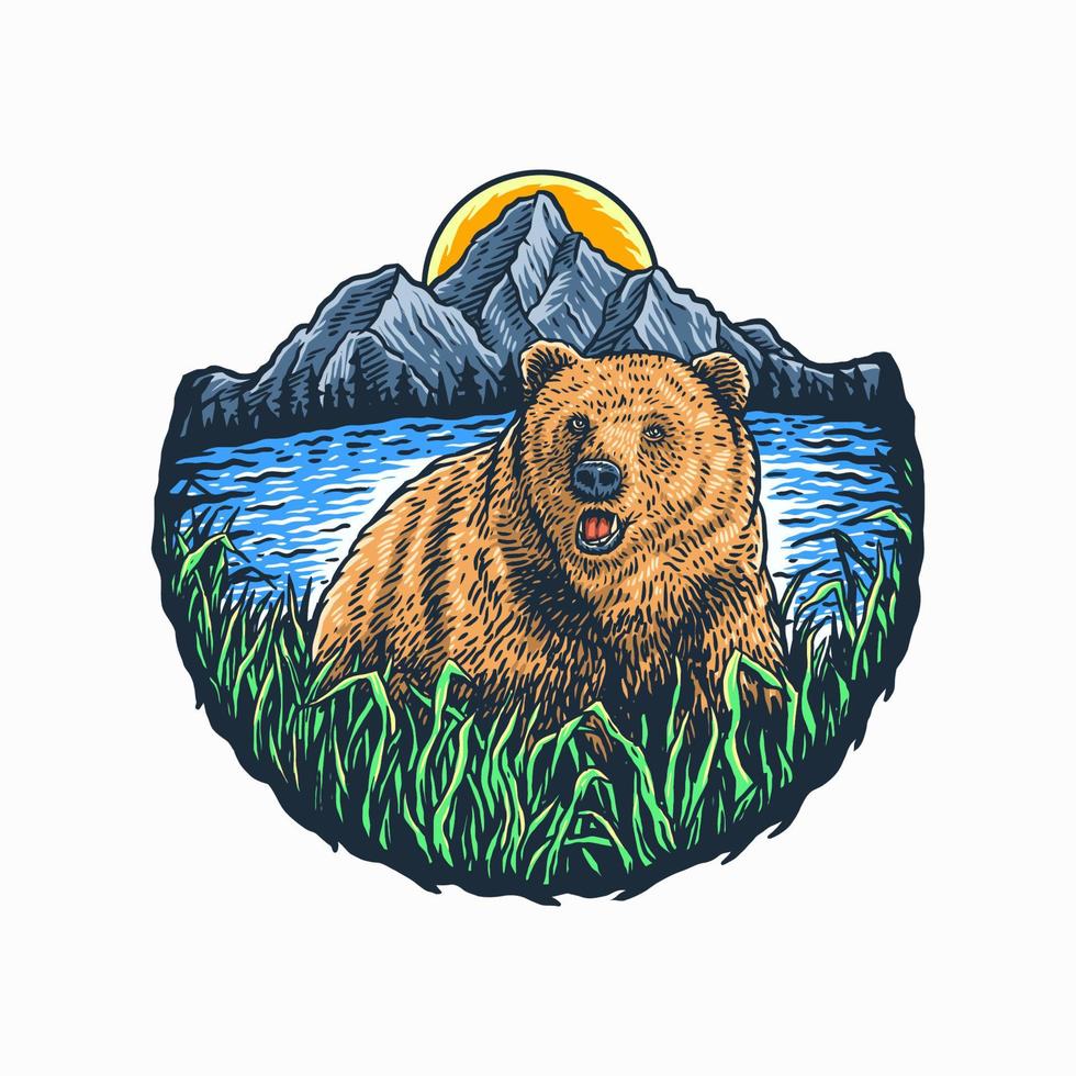 Bear outdoors design illustration using a hand drawing style continued with digital coloring, this is a combination of hand drawing style and digital color vector