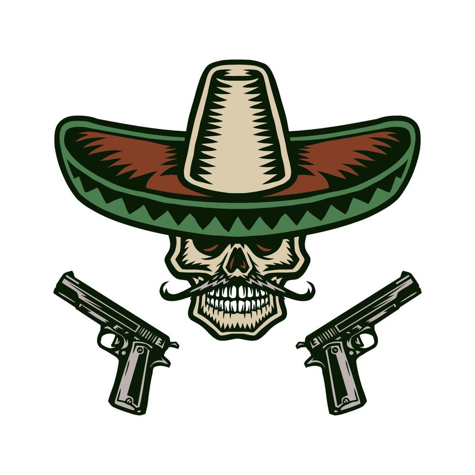 Mexican skull illustration using a hand drawing style continued with digital coloring, this is a combination of hand drawing style and digital color vector