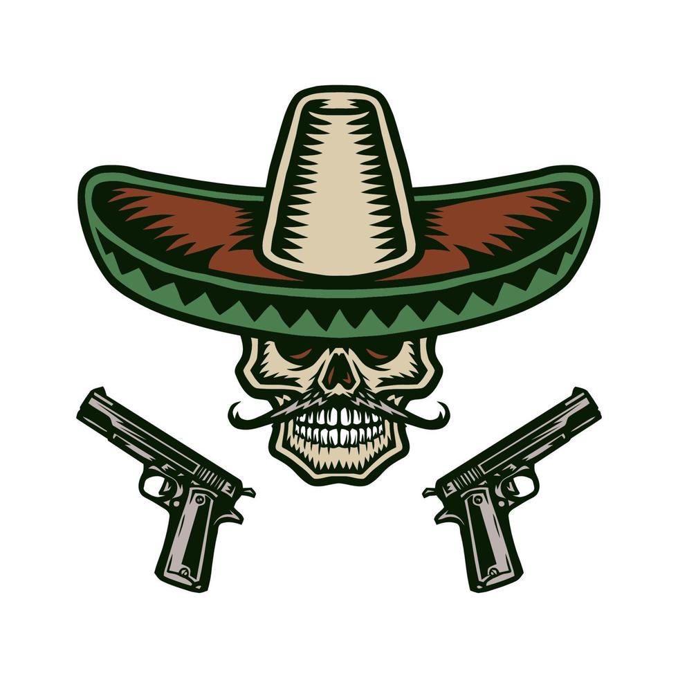 Mexican skull illustration using a hand drawing style continued with digital coloring, this is a combination of hand drawing style and digital color vector