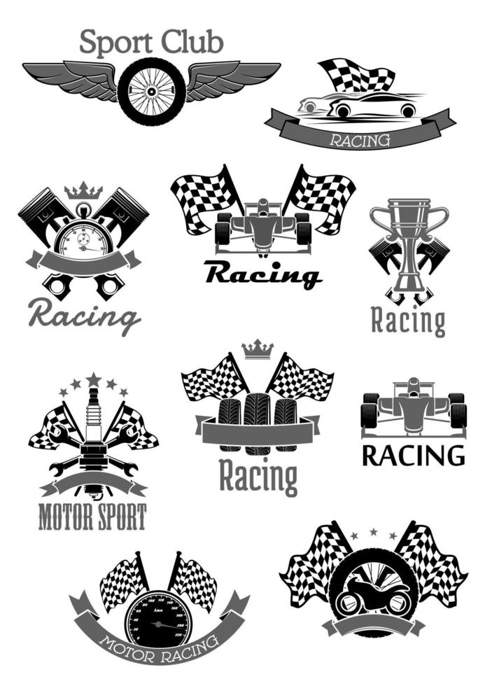 Conjunto de iconos de vector de club de carreras de coches o deportes