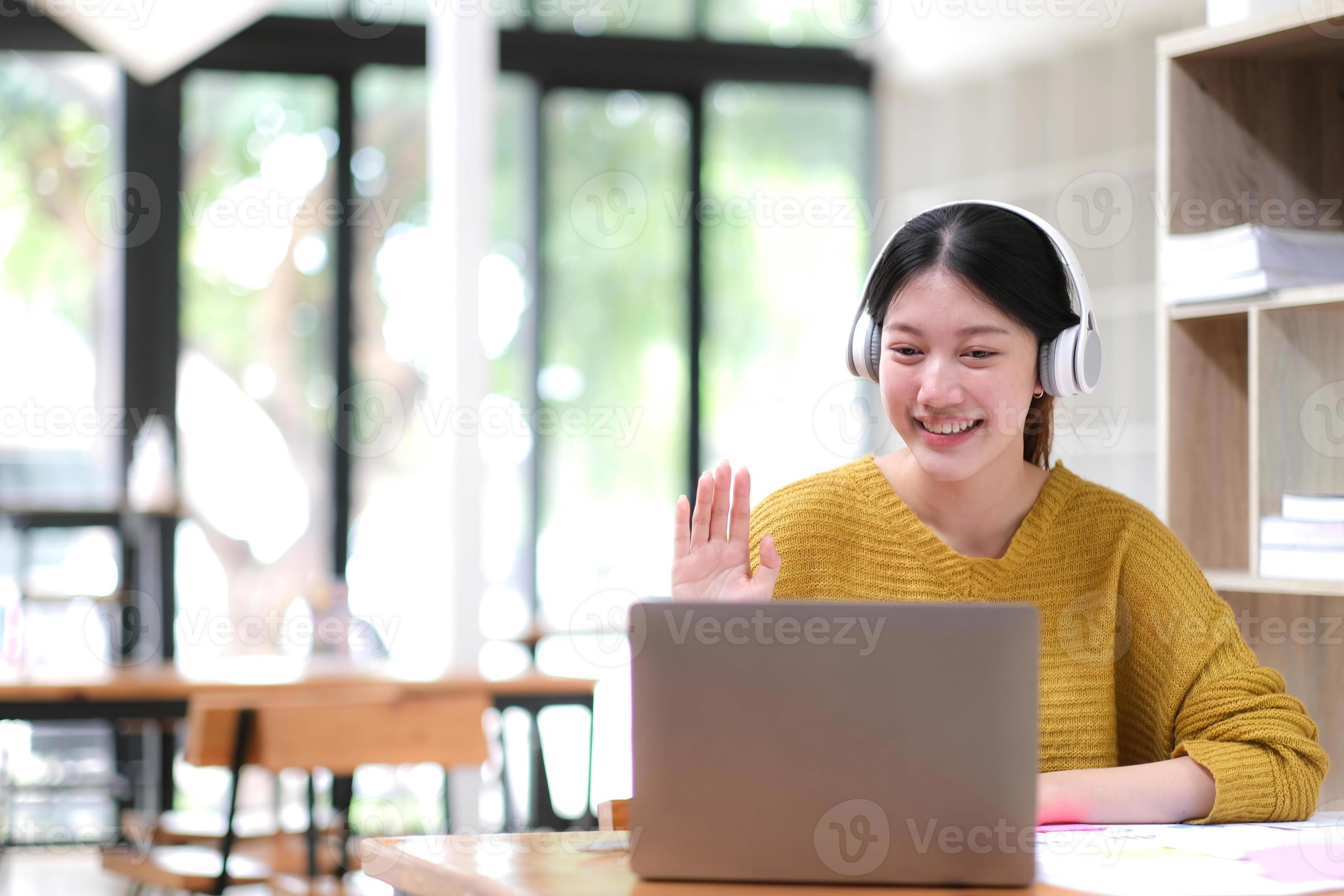 Asian girl student online learning class study online video call zoom