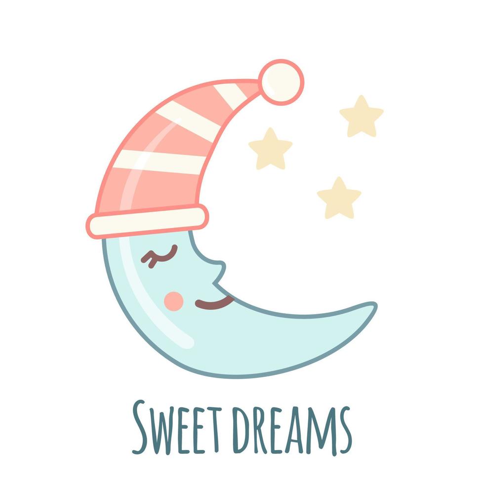 linda luna en un ícono de gorro de dormir con cara kawaii aislada en fondo blanco. luna dormida con estrellas. ilustración vectorial elemento de diseño para niños, baby shower y decoración de guardería. vector