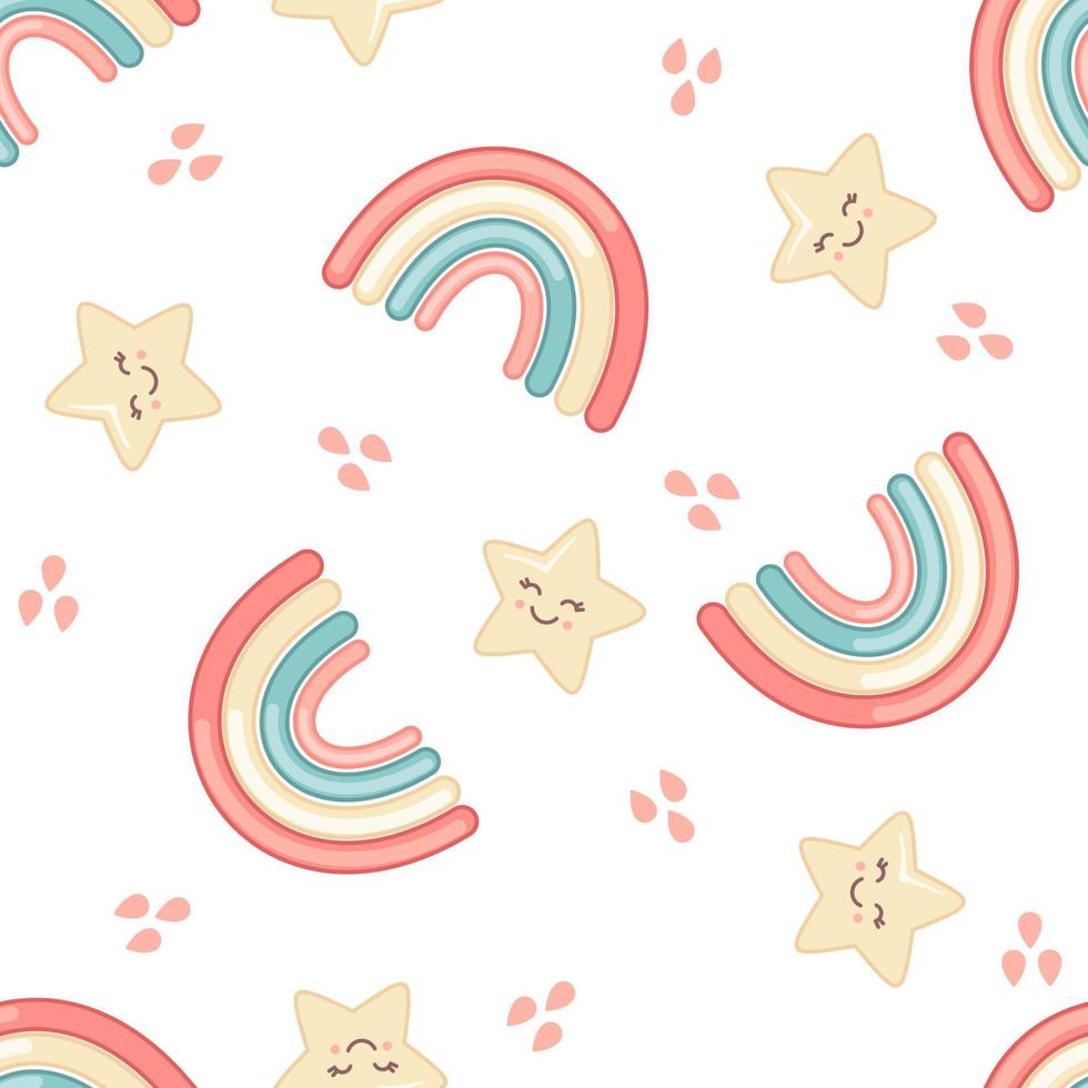 lindo patrón sin costuras de cielo con caras kawaii aisladas en blanco. fondo con arco iris y estrella. ilustración vectorial elemento de diseño para niños, baby shower y decoración de guardería. vector