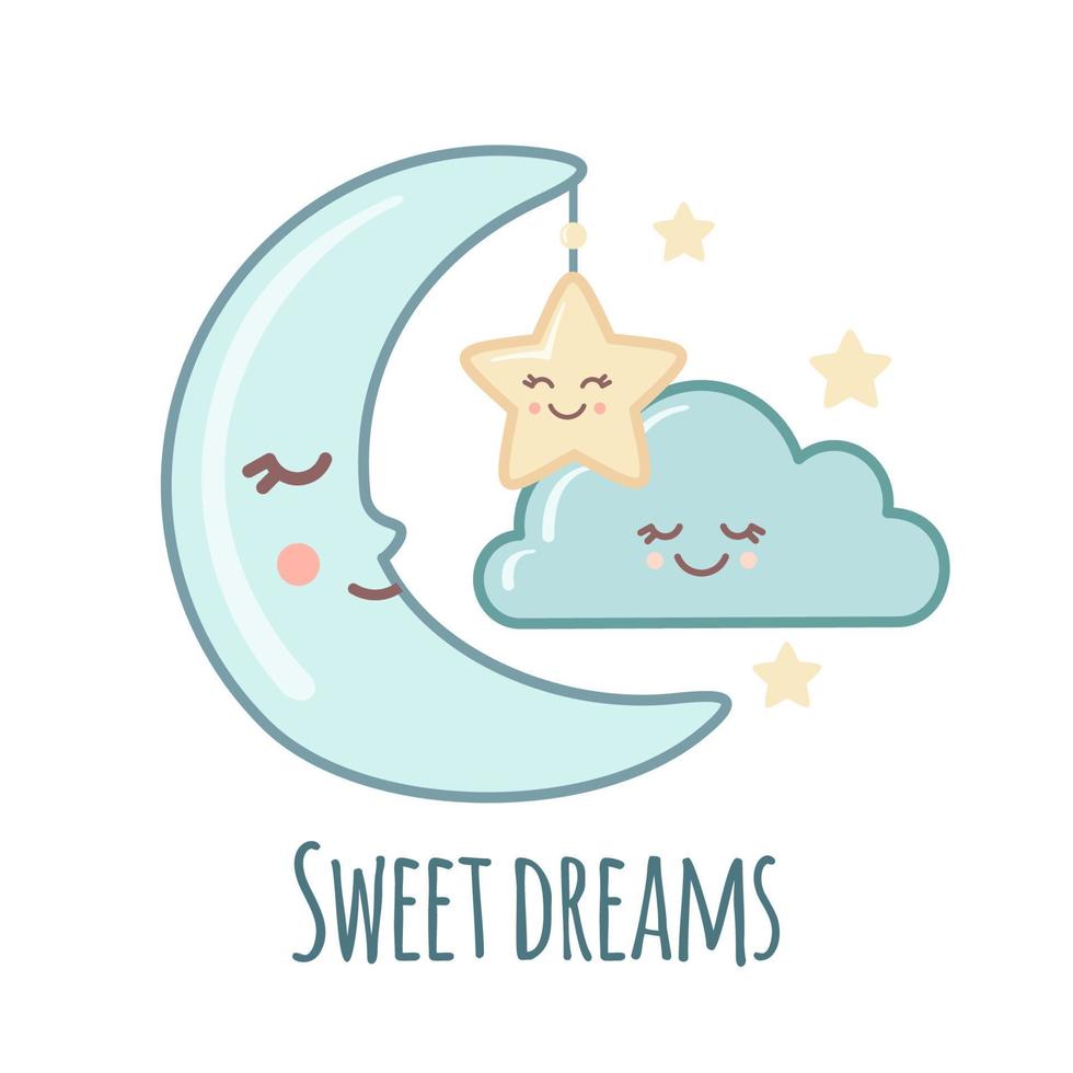 Cute Moon icon with kawaii face isolated on white background. Sleeping moon with star and cloud. Vector illustration. Design element for kids, baby shower and nursery decor.