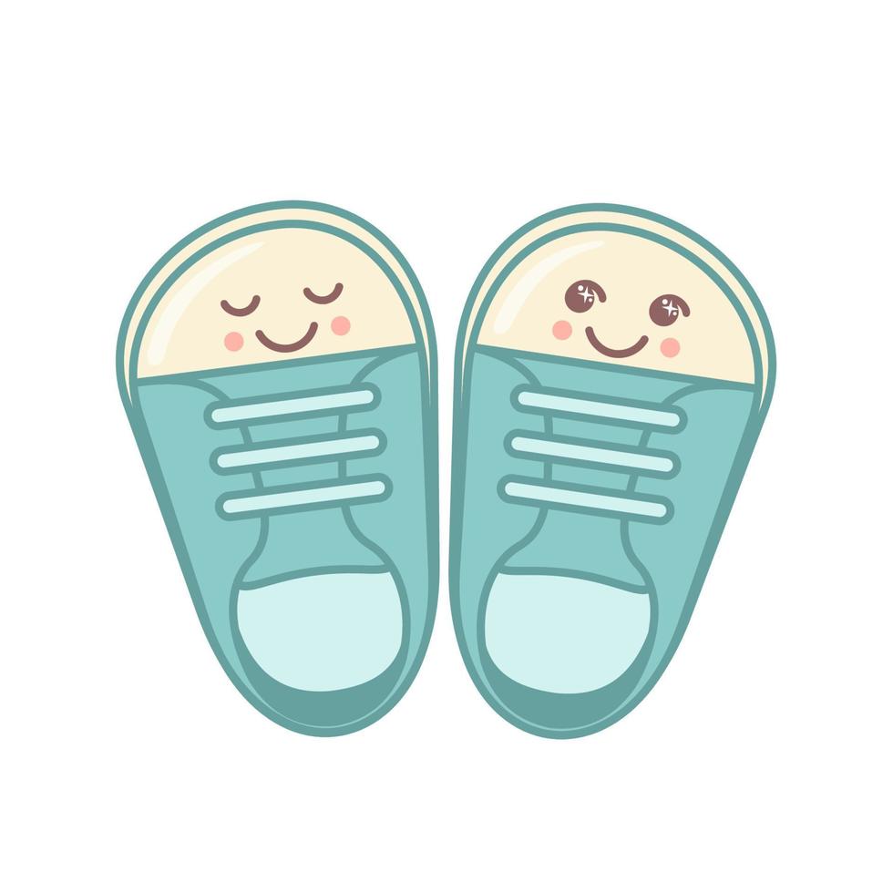 Lindo icono de zapatos de bebé con cara kawaii aislado sobre fondo blanco. ilustración vectorial elemento de diseño para niños, baby shower y decoración de guardería. vector