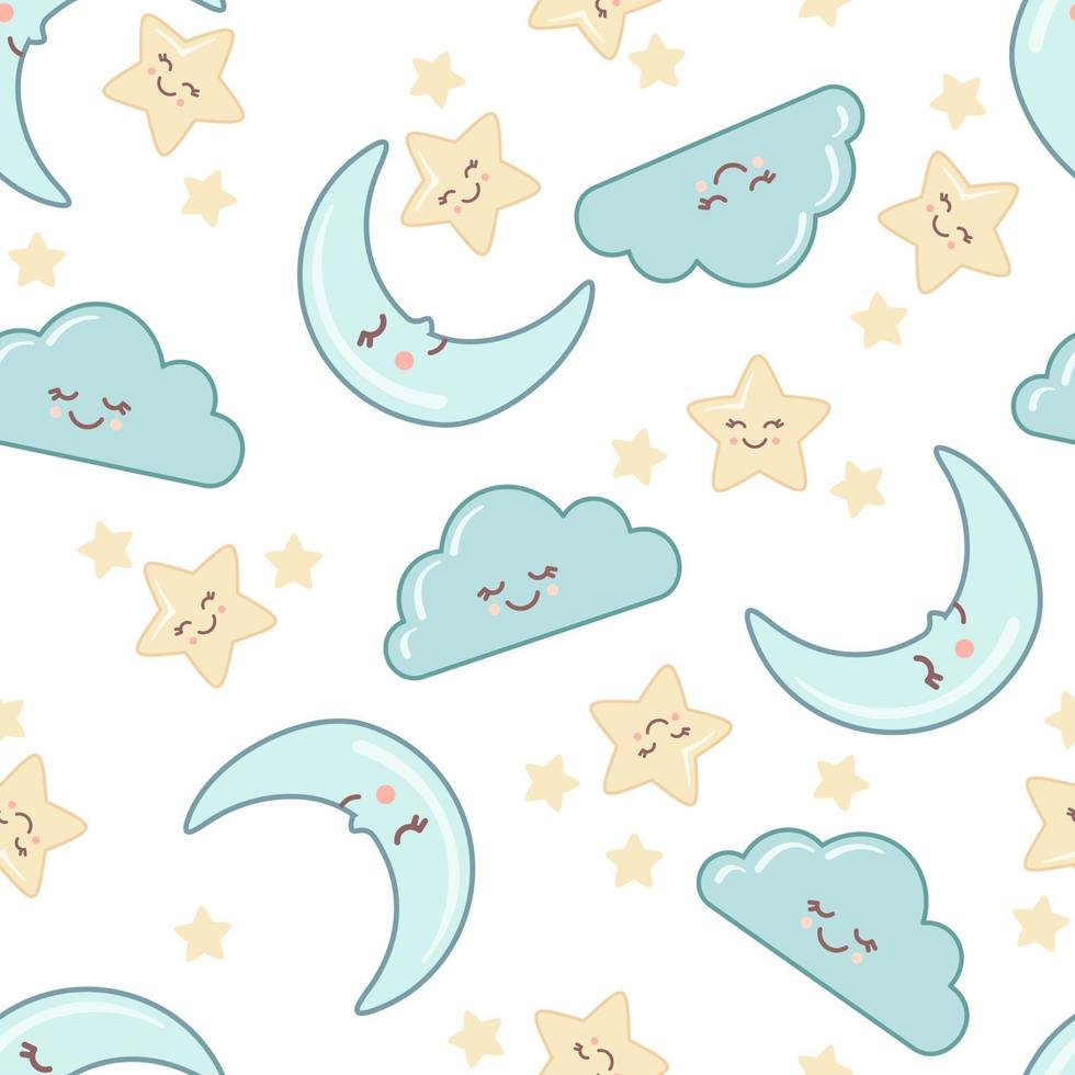 Cute seamless pattern of sky with kawaii faces isolated on white. Background with cloud, moon and star. Vector illustration. Design element for kids, baby shower and nursery decor.